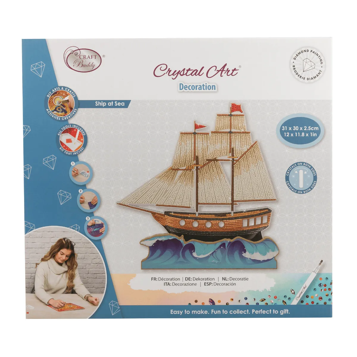 Craft Buddy Crystal Art Ship at Sea houten decoratie 31 cm tweezijdig