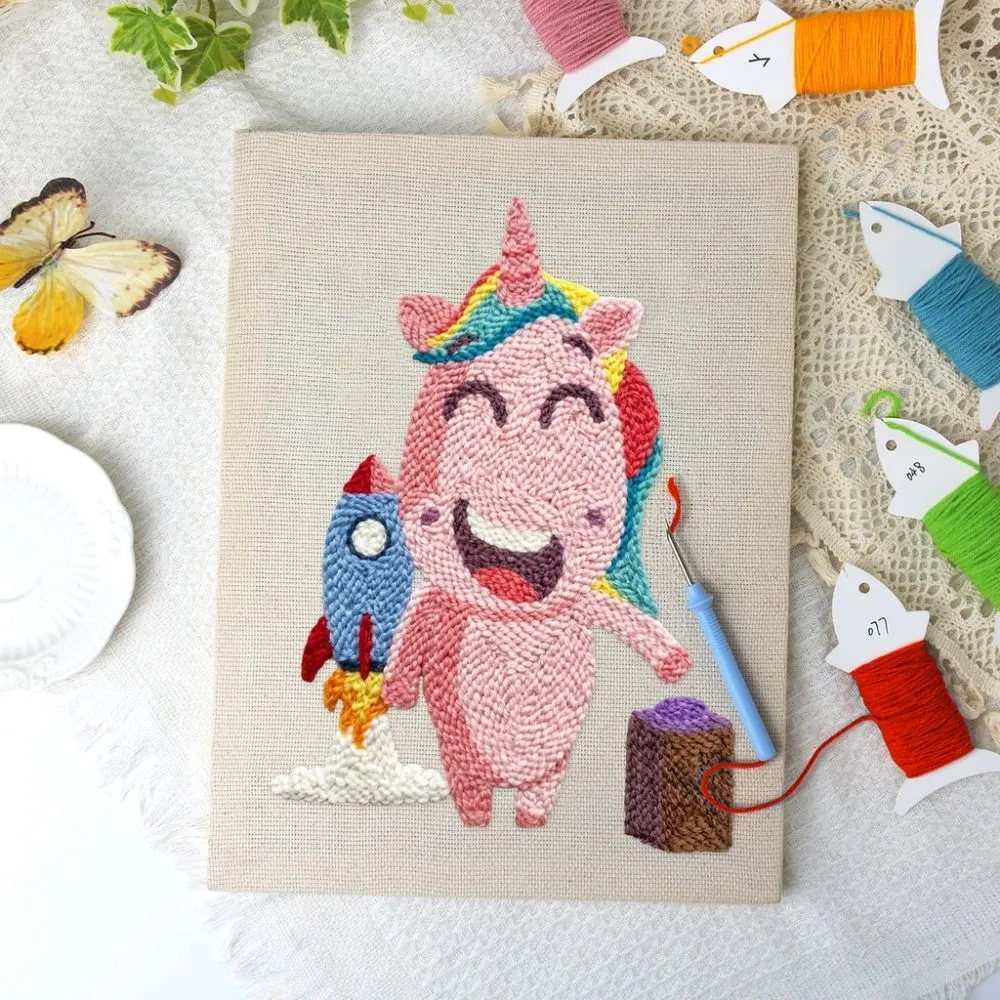 Figured'Art Eenhoorn Avontuur punch needle pakket met frame katoen