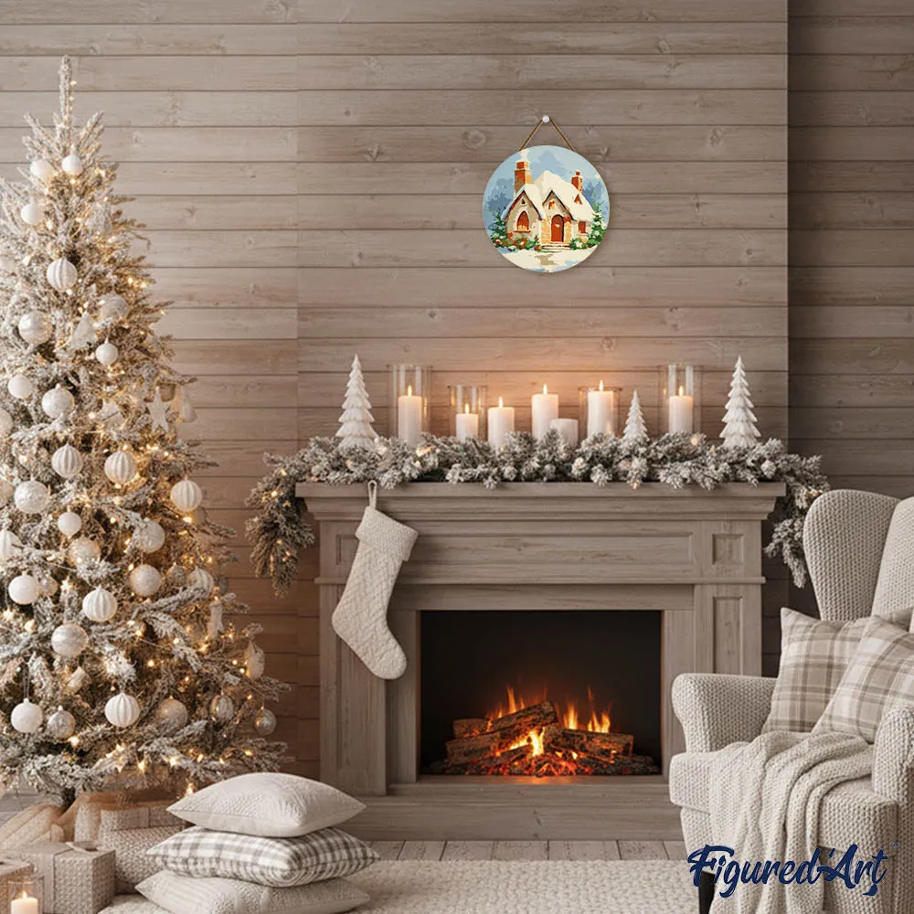 Figured'Art Bakstenen Huis Winter Schilderen op Hout 30 cm Rond