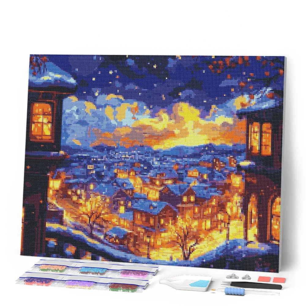 Figured'Art Verlichte Winternacht diamond painting vierkant winter