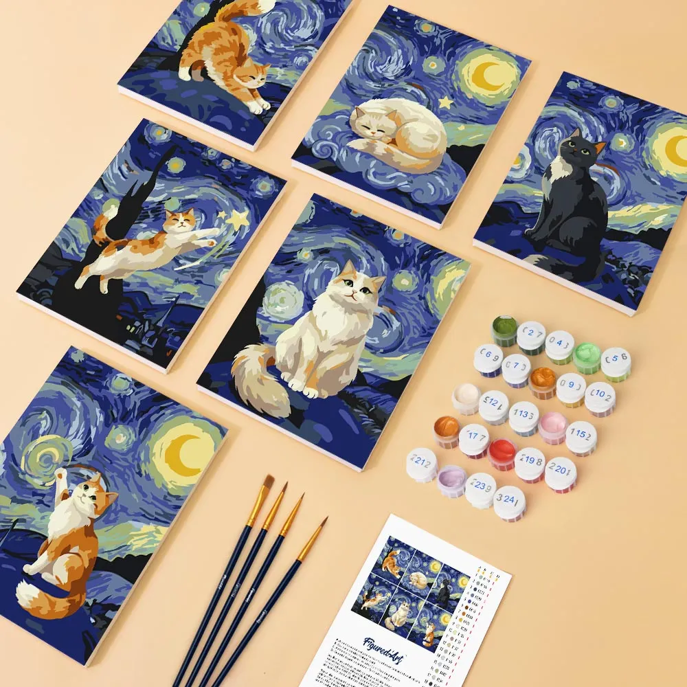 Figured'Art Sterrennachtkatten mini schilderen op nummer 6x 15x20 cm