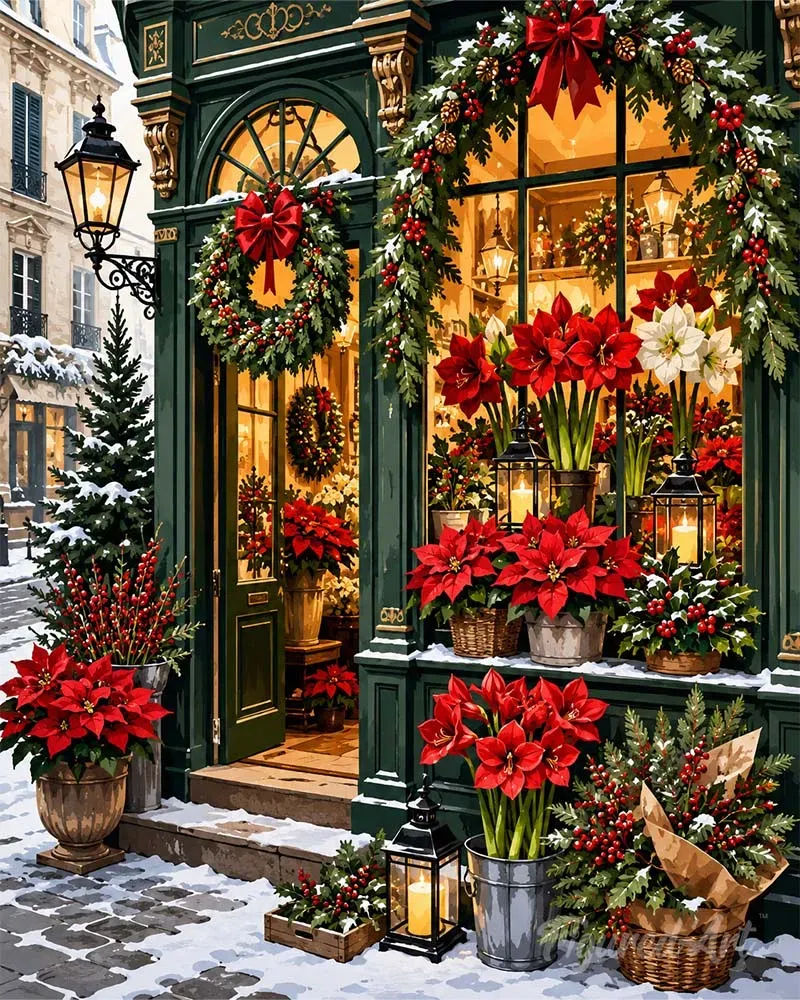 Figured'Art Bloemenwinkel met Kerst Diamond Painting 40x50 cm