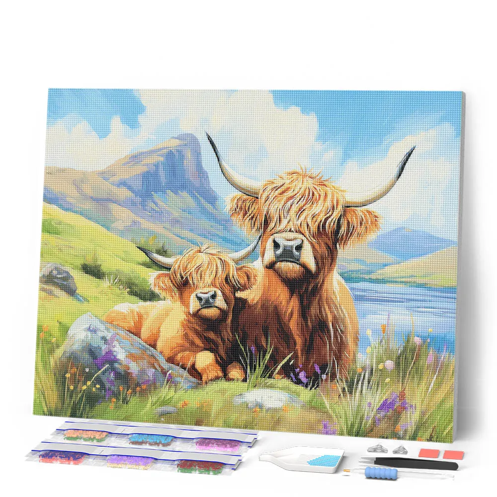 Figured'Art Schotse Hooglander met Kalfje diamond painting 40x50