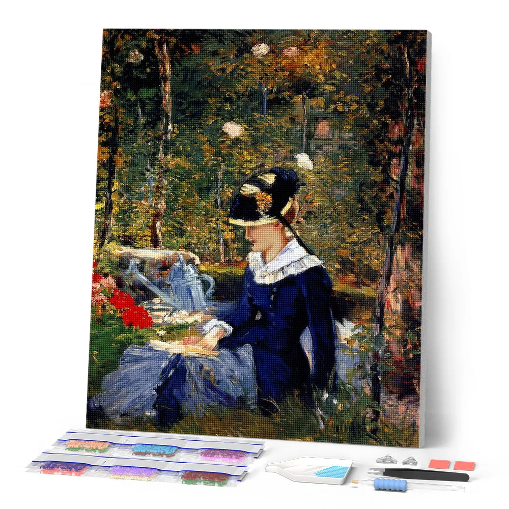 Figured'Art Jonge vrouw in de tuin Manet diamond painting 40x50 cm