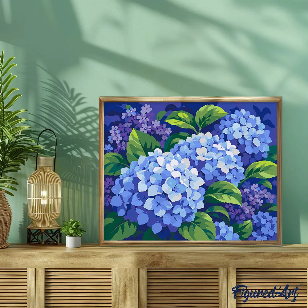 Figured'Art Blauwe hortensia schilderen op nummer 40x50 cm eenvoudig