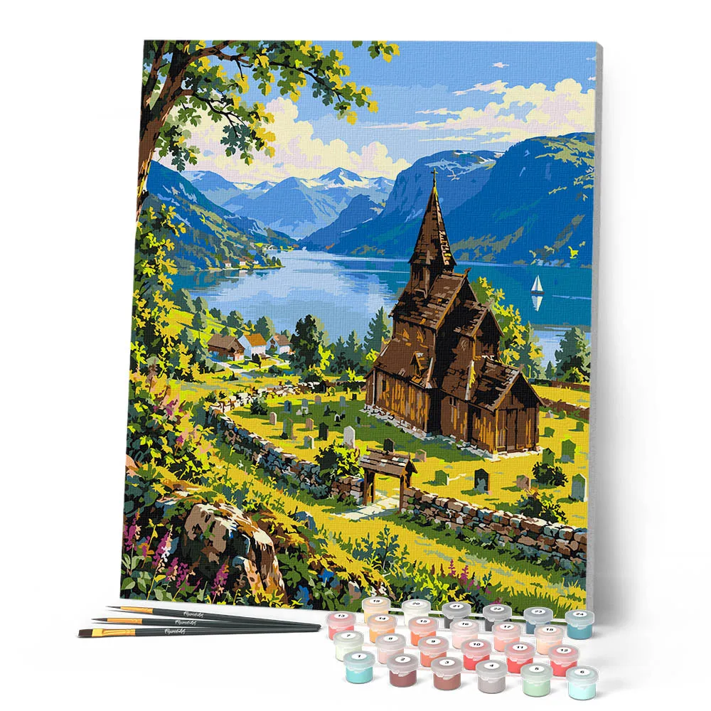 Figured'Art Noorse Fjord en Stavkerk schilderen op nummer 40x50
