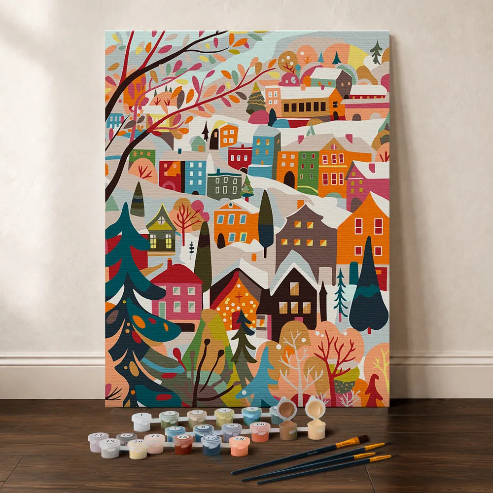 Figured'Art Kleurrijk Winterdorp schilderen op nummer cadeauset winter