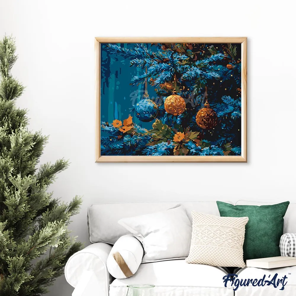 Figured'Art Blauwe Spar en Ballen schilderen op nummer 40x50 cm kerst