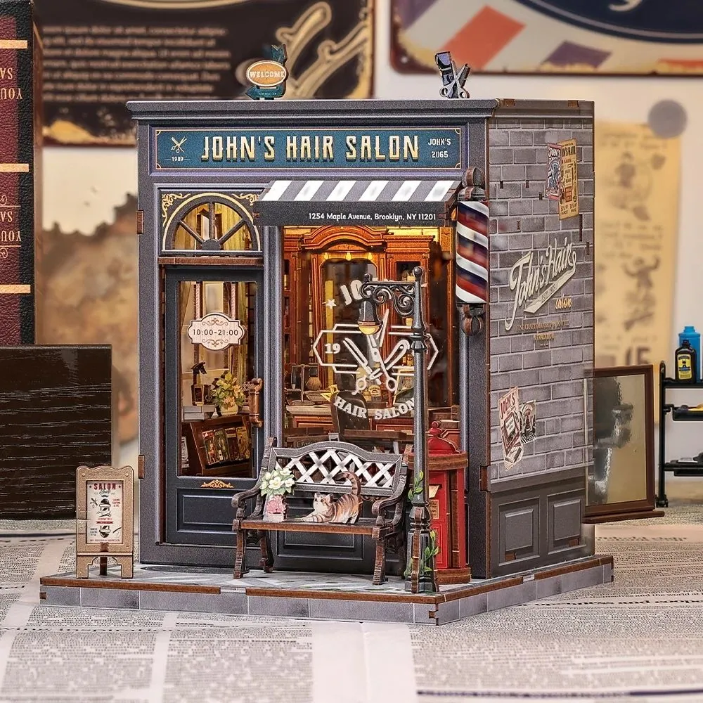 Figured'Art Johns Kapsalon miniatuurhuisje met LED-verlichting