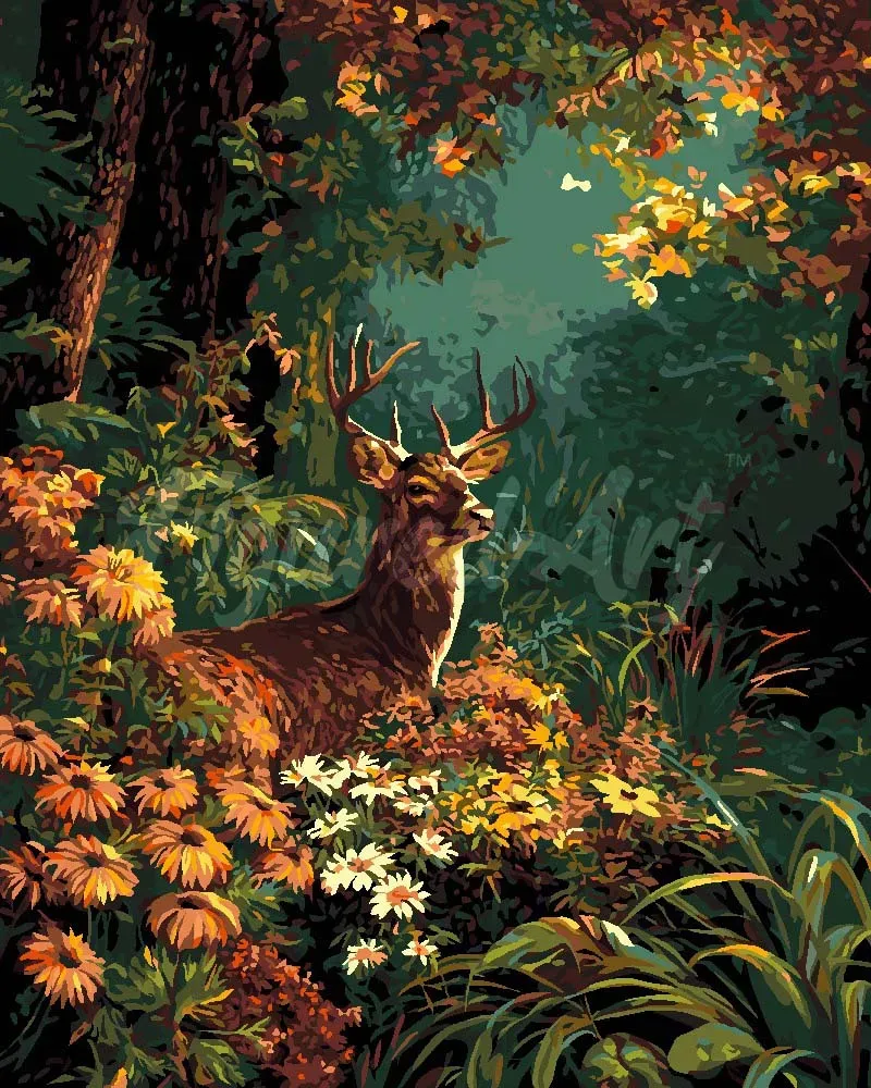 Figured'Art Hert tussen herfstbloemen schilderen op nummer 40x50 cm herfst
