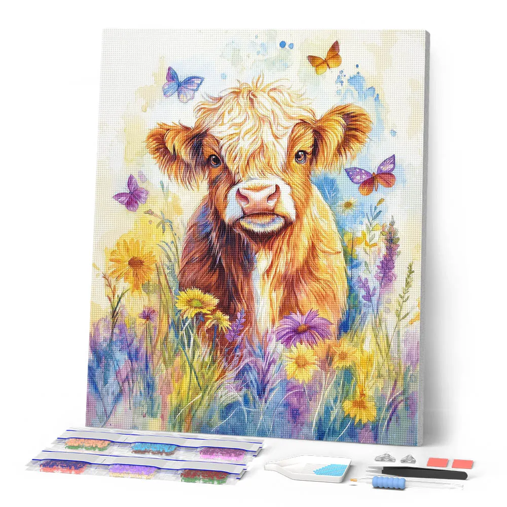 Figured'Art Schotse Hooglander met Vlinders diamond painting 40x50cm
