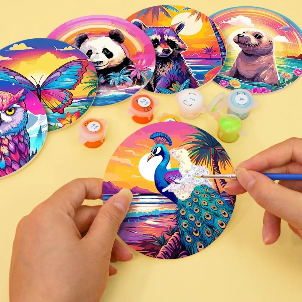 Figured'Art Fauna Serie Schilderen op Nummer Onderzetters 10cm Panda Dieren