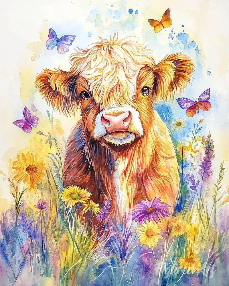 Figured'Art Schotse Hooglander met Vlinders diamond painting 40x50cm