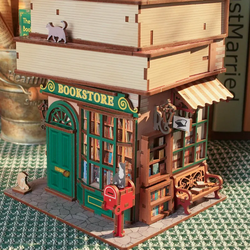 Figured'Art Tijd Boekwinkel miniatuurhuisje 24,5cm hout met LED