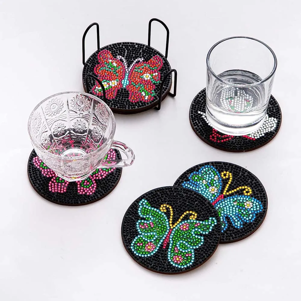 Figured'Art Zwarte Vlinders diamond painting onderzetters 10cm 6 stuks