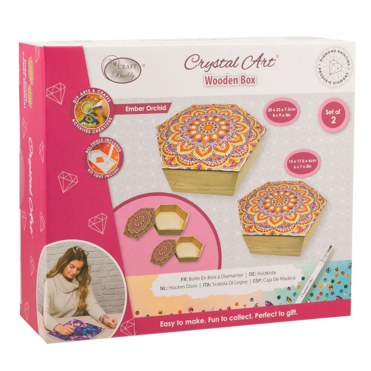Craft Buddy Crystal Art Ember Orchid houten doos diamond painting 2 stuks