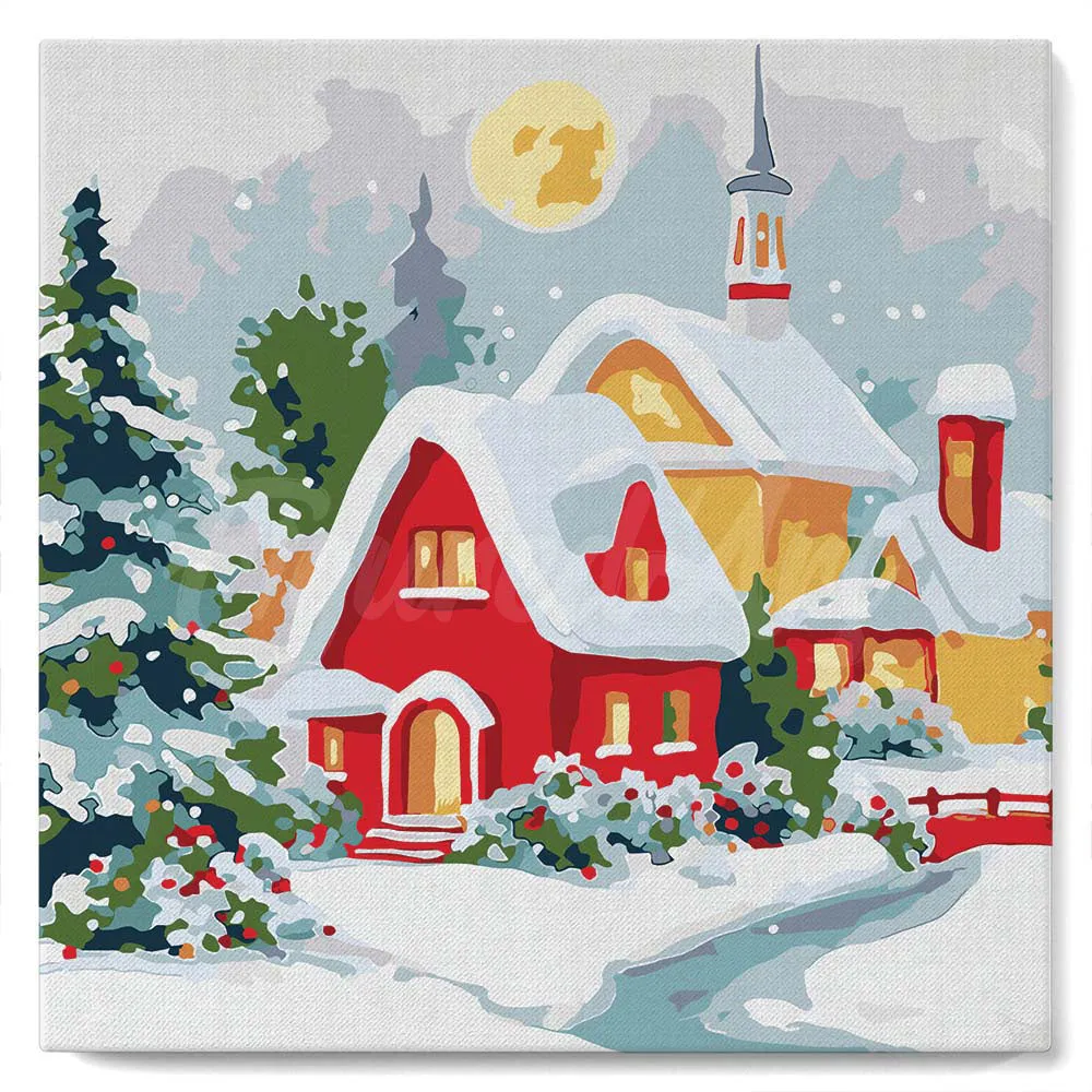 Figured'Art Mini Rood Huis in de Winter schilderen op nummer 20x20