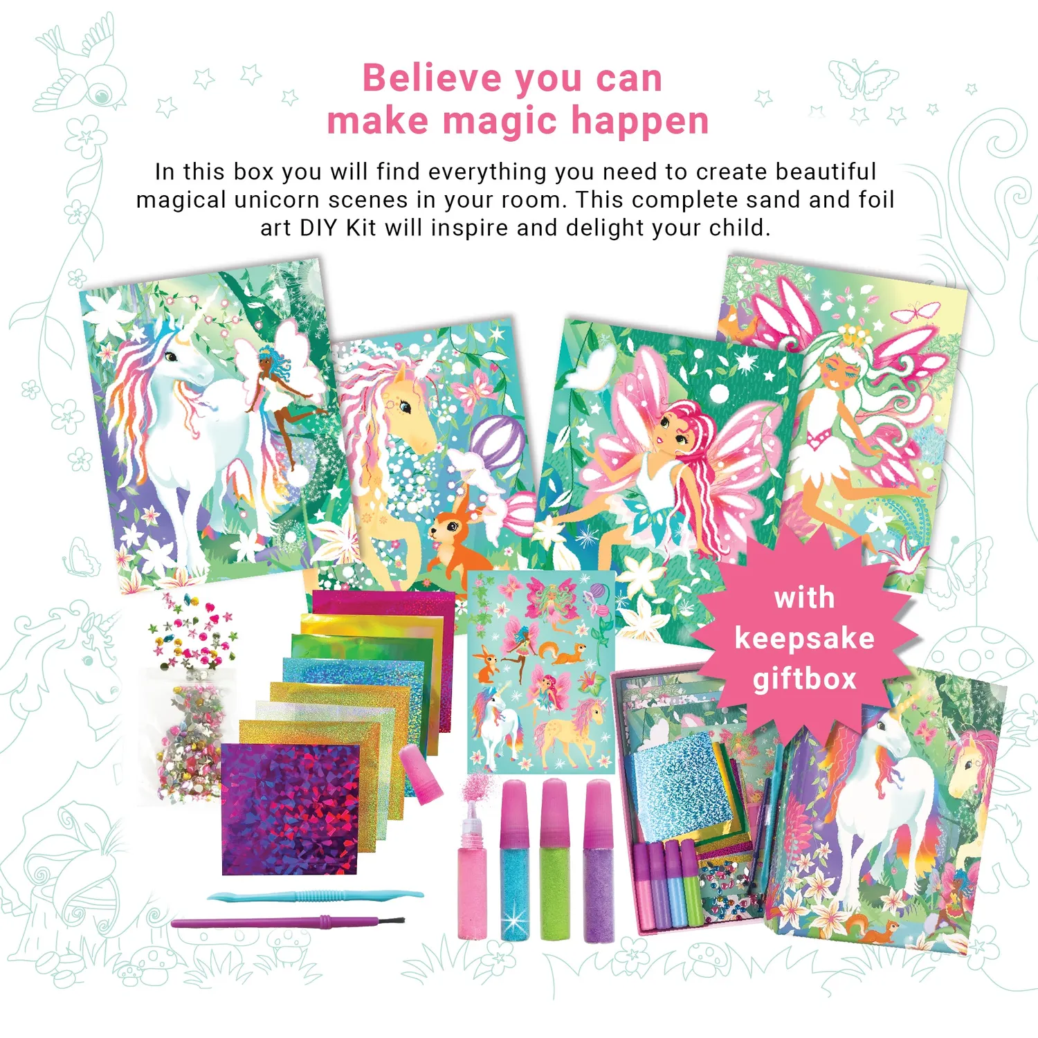 Box Candiy Magical Unicorns Sand Foil Art knutselset 4 kaarten