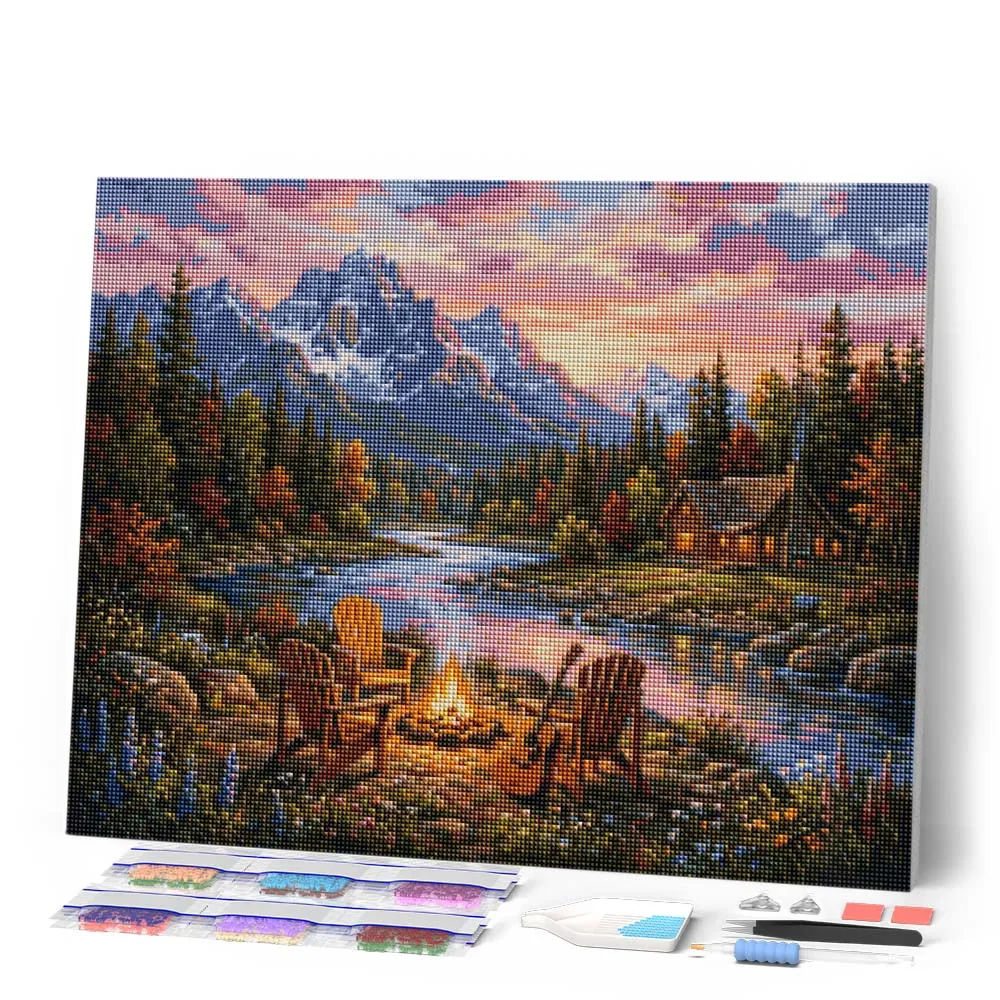 Figured'Art Gloed Kampvuur Rivier diamond painting full drill