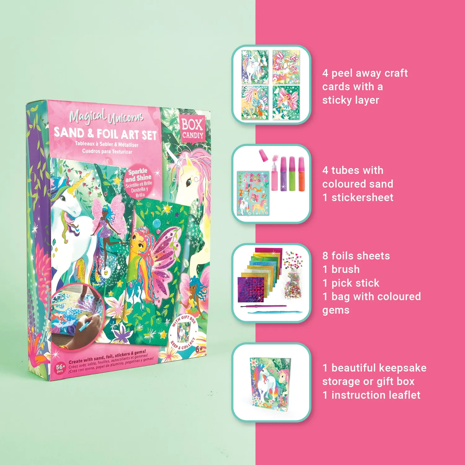 Box Candiy Magical Unicorns Sand Foil Art knutselset 4 kaarten
