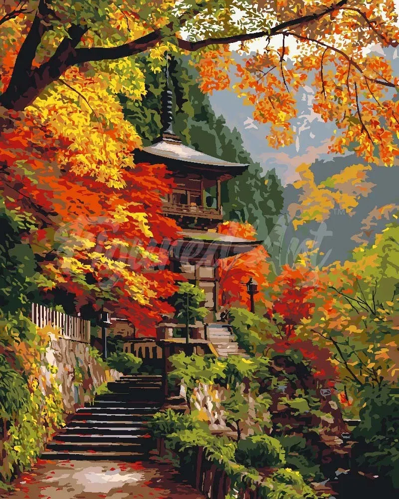 Figured'Art Japanse pagode in de herfst schilderen op nummer 40x50 cm