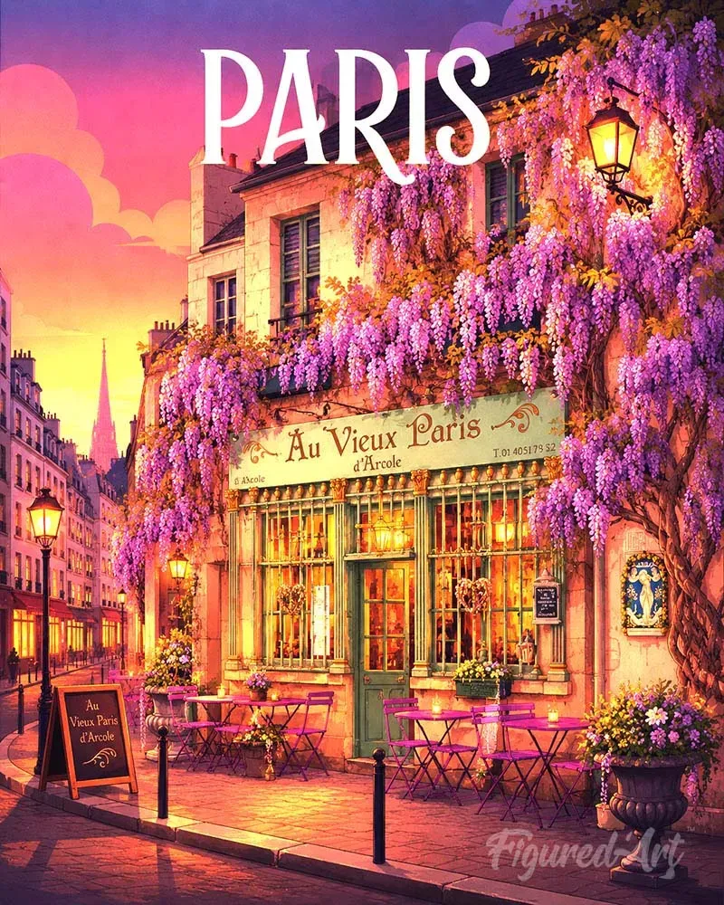 Figured'Art Reisposter Wisteria café Parijs schilderen op nummer 40x50 cm