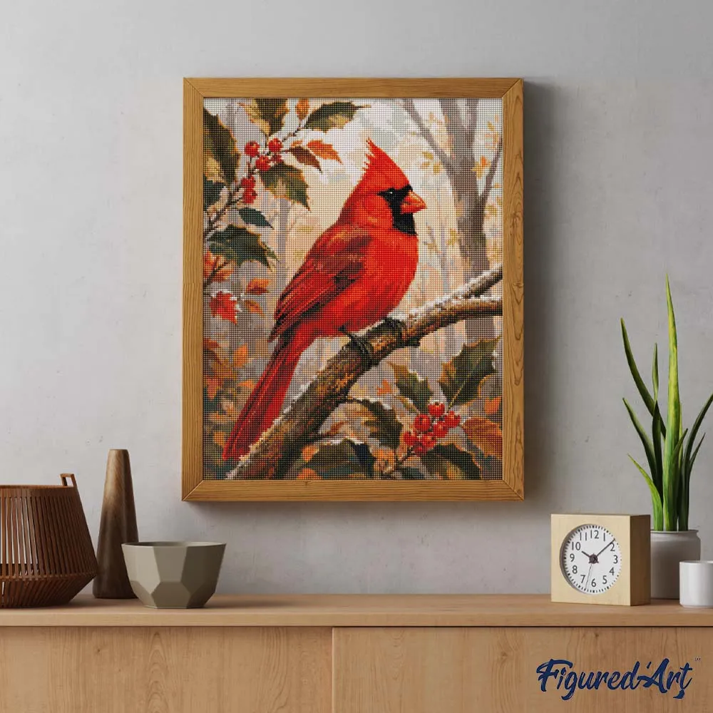 Figured'Art Rode Kardinaal Berijpte Tak diamond painting 40x50 cm