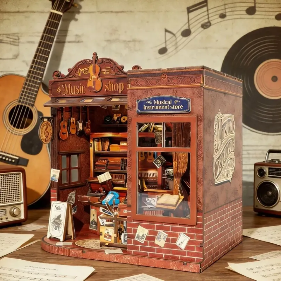 Figured'Art Miniatuurhuisjes Vintage Muziekwinkel 3D puzzel 192 stuks LED