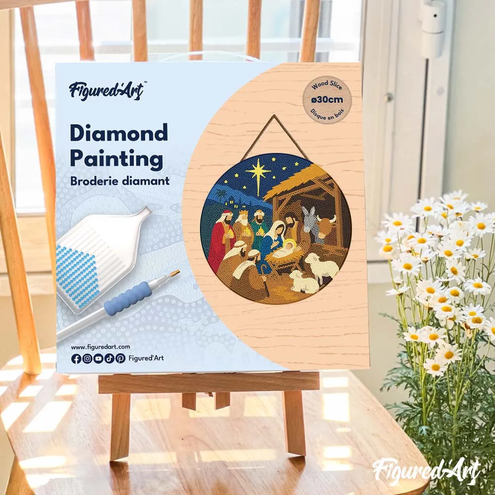 Figured'Art Kerststal diamond painting houten schijf 30 cm rond