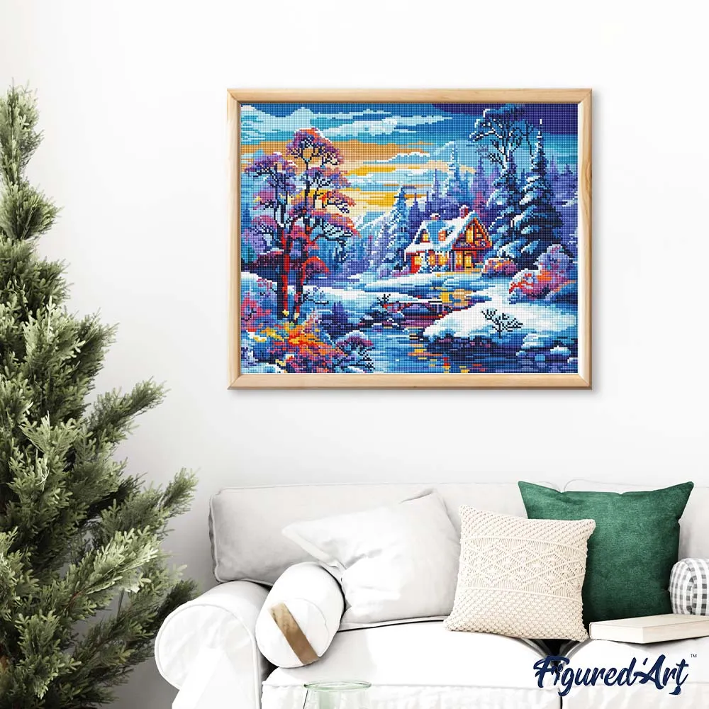 Figured'Art Diamond Painting Winterhuisje Rivier 40x50 ingelijst