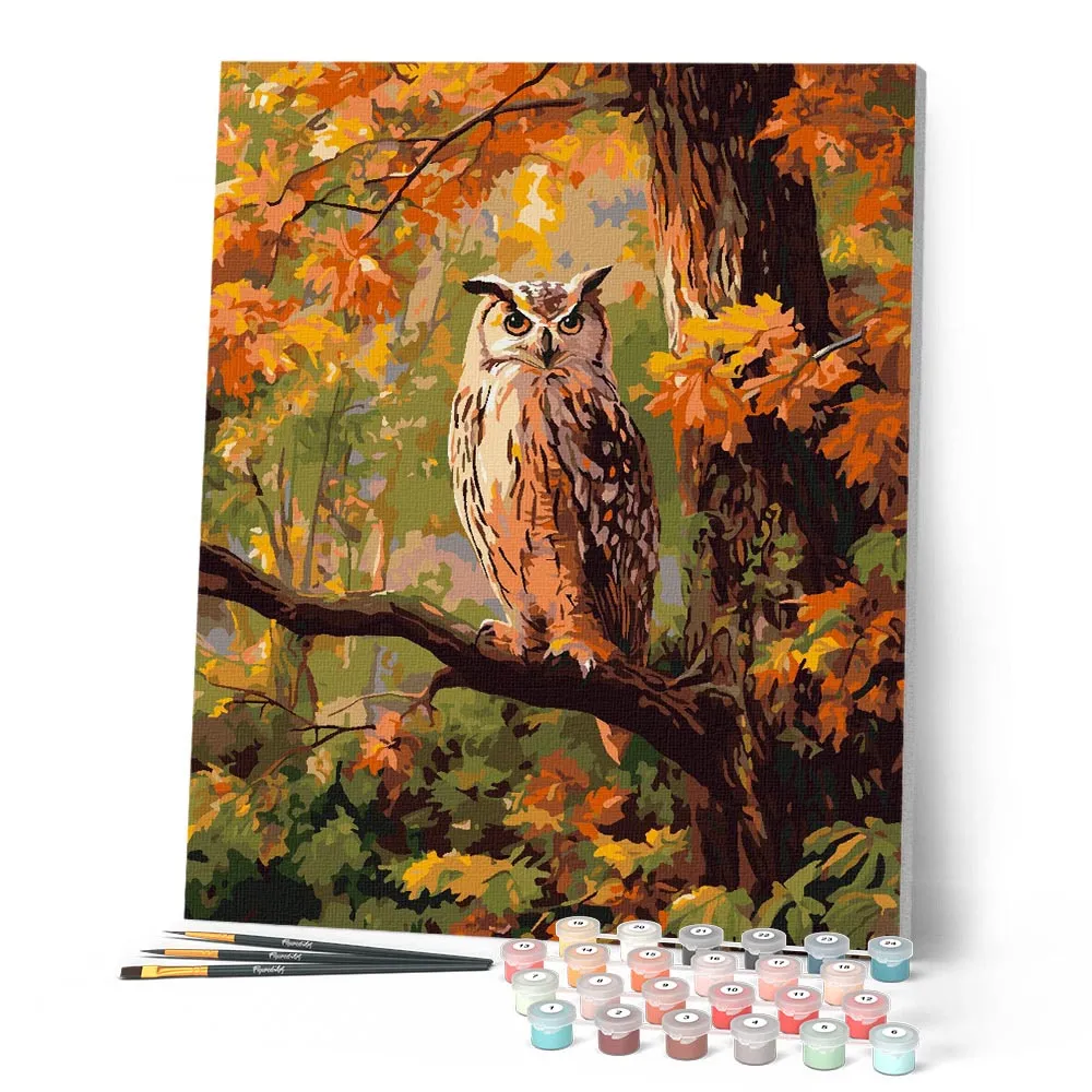 Figured'Art Uil tussen gouden bladeren schilderen op nummer 40x50