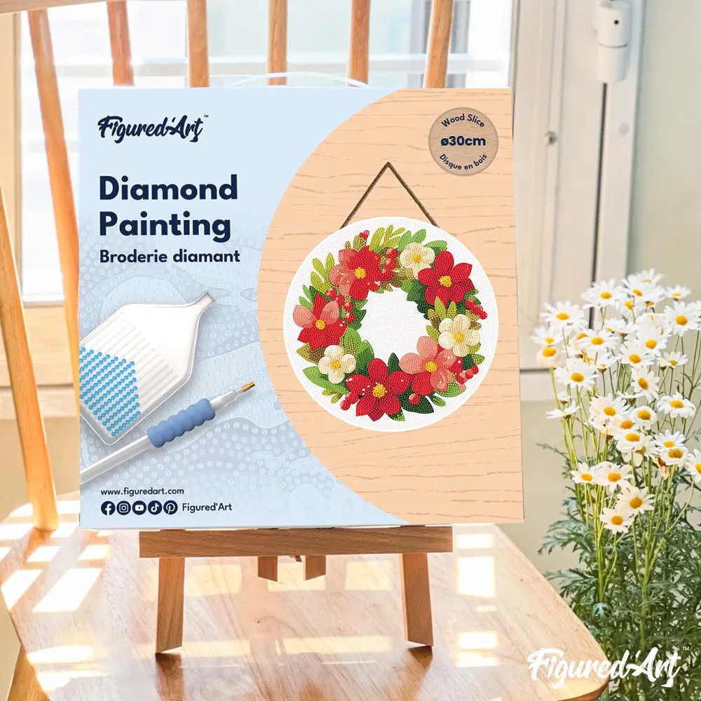 Figured'Art Bloemige kerstkrans diamond painting hout 30cm