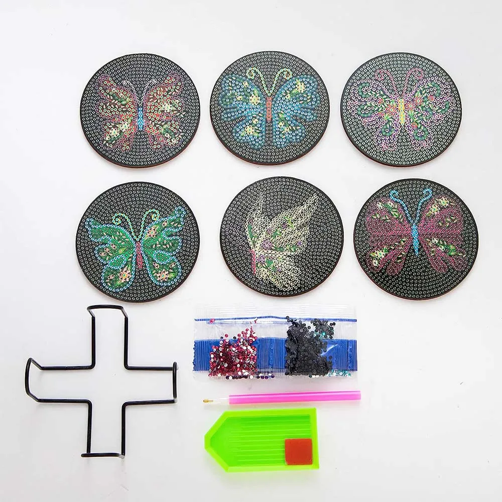 Figured'Art Zwarte Vlinders diamond painting onderzetters 10cm 6 stuks