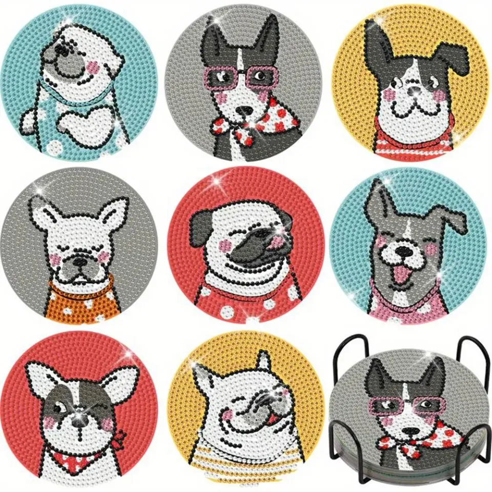 Figured'Art Gelukkige Honden diamond painting onderzetters 8 stuks