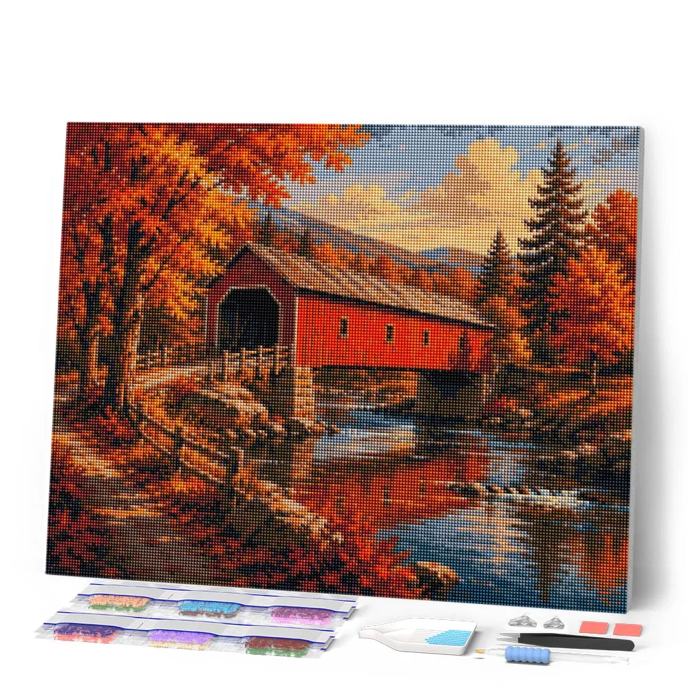 Figured'Art Overdekte Brug in de Herfst diamond painting herfst