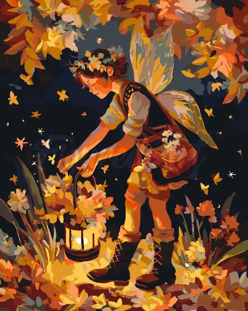 Figured'Art Schattige Herfstfee Schilderen op Nummer 40x50 fantasie