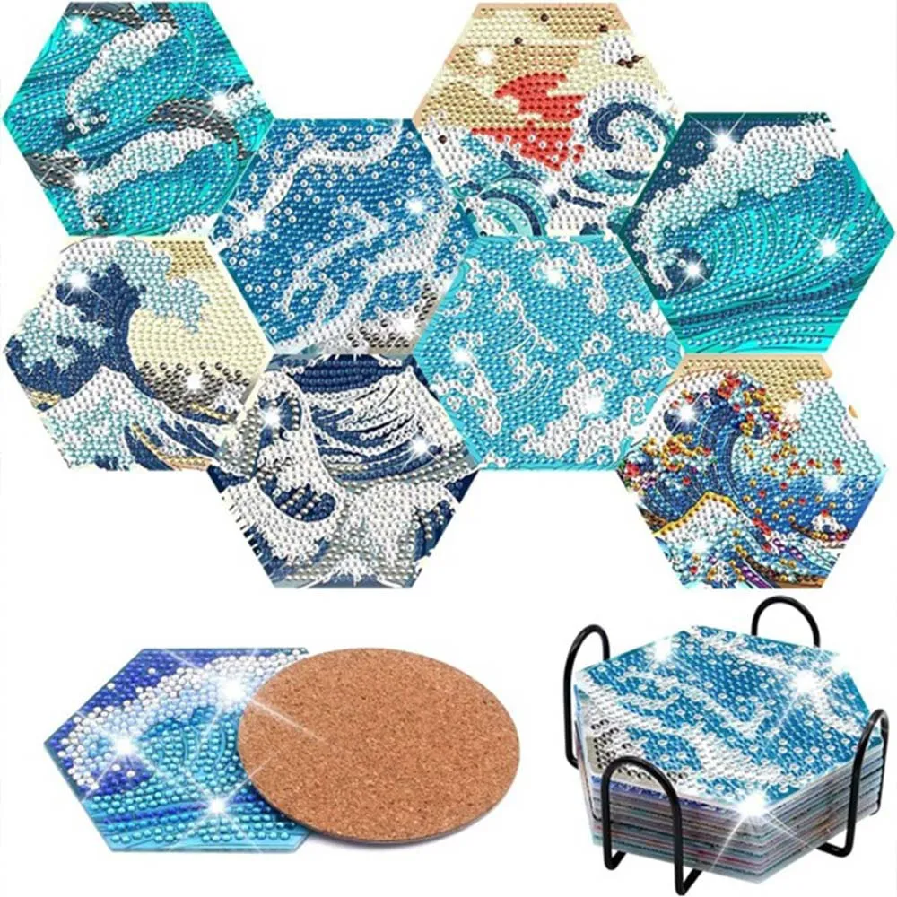 Figured'Art Watergolven diamond painting onderzetters 8 stuks kurk