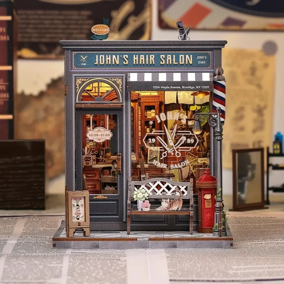 Figured'Art Johns Kapsalon miniatuurhuisje met LED-verlichting