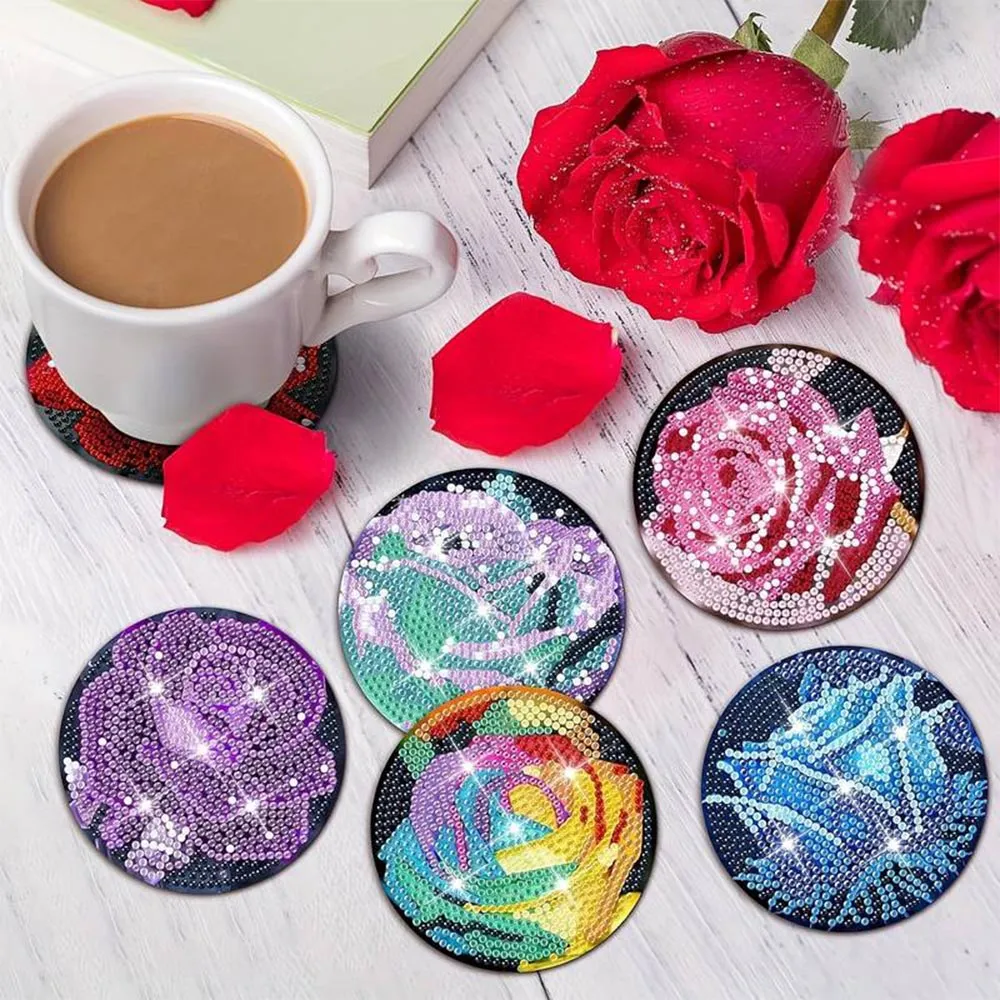 Figured'Art Gekleurde Rozen Onderzetters Diamond Painting 8st