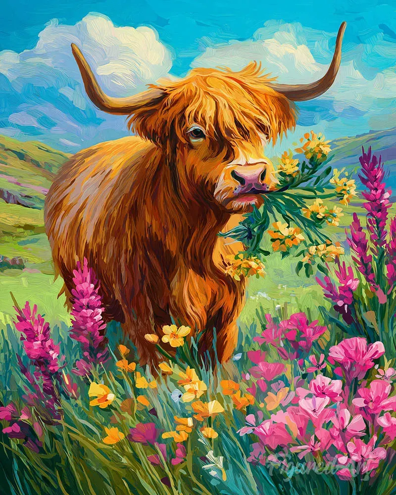 Figured'Art Schotse Hooglander diamond painting bloemenzee 40x50cm
