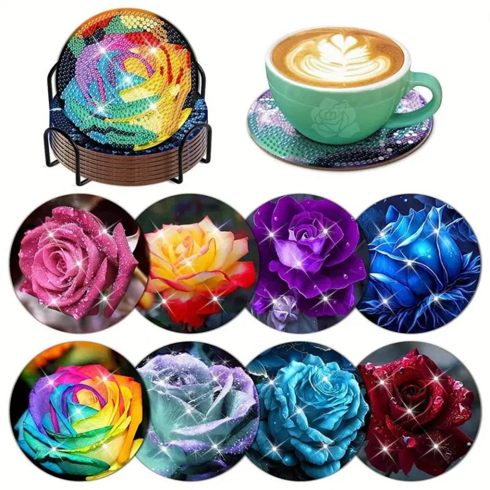 Figured'Art Gekleurde Rozen Onderzetters Diamond Painting 8st