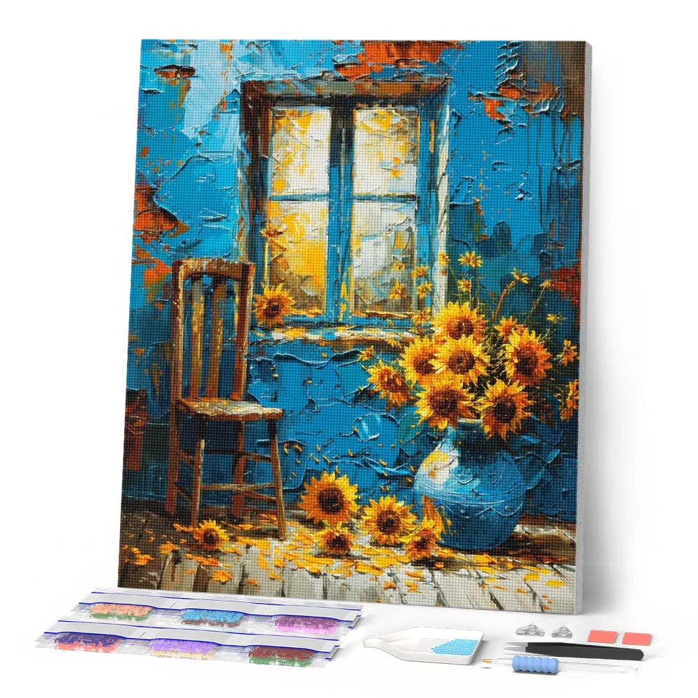 Figured'Art Zonnebloemen blauw raam diamond painting 40x50