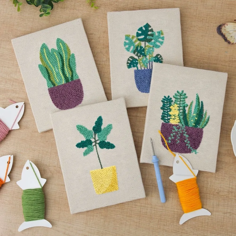 Figured'Art Zonnige Planten Sfeer punch needle set 4 stuks 15x20cm katoen