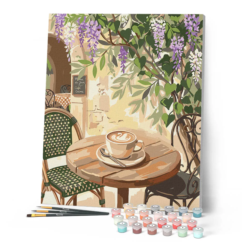 Figured'Art Schilderen op Nummer Koffie en blauwe regen 40x50 cm bloemen