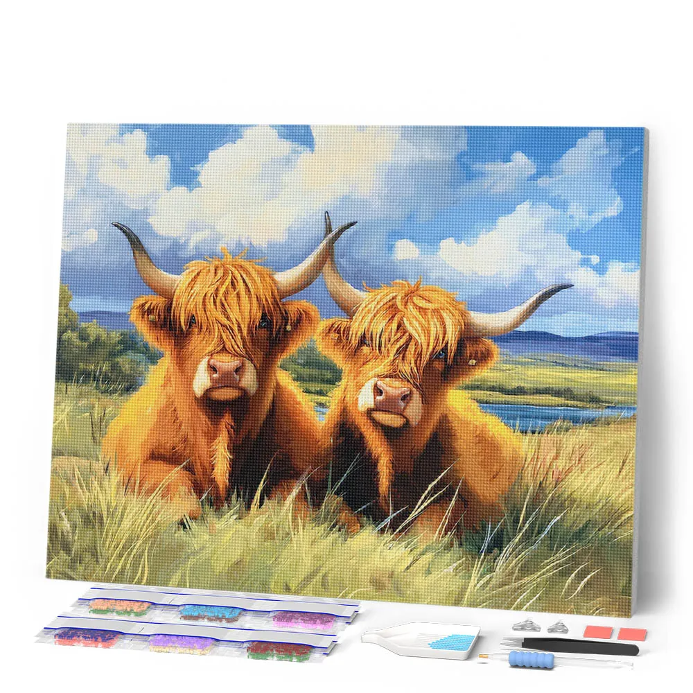 Figured'Art Schotse Hooglander Diamond Painting Gouden Veld Rond