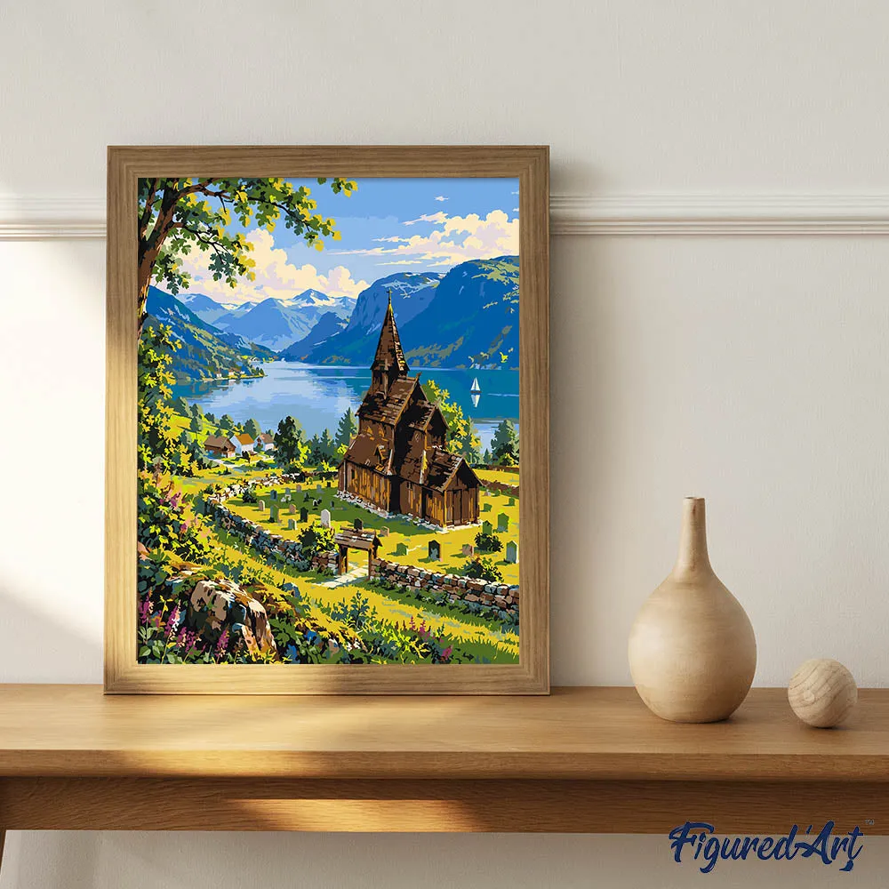 Figured'Art Noorse Fjord en Stavkerk schilderen op nummer 40x50